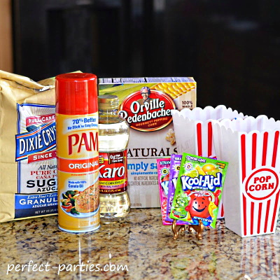 Ingredients for Koolaid popcorn.  See our recipe below.