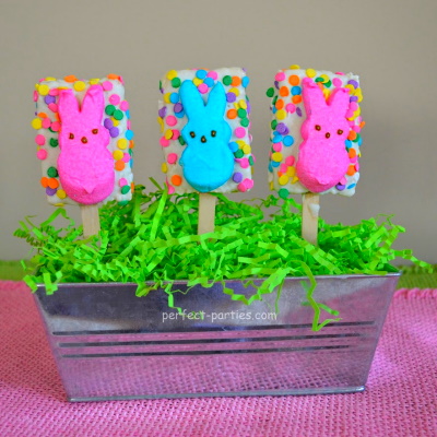 Easter bunny peeps with rice krispies make this a cute party favor or treat for the classroom.